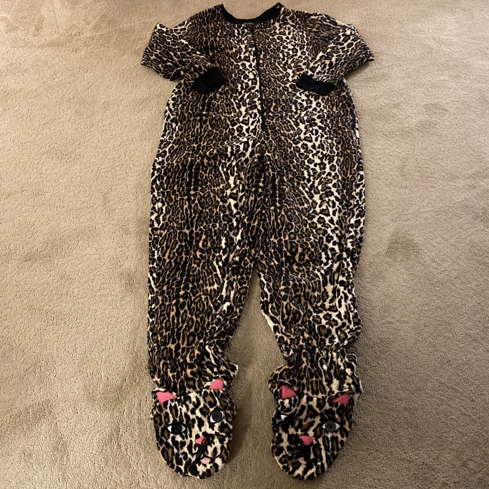 Nick & Nora Leopard Zip Up Adult Medium One Piece Fleece Cat Footie Pajamas